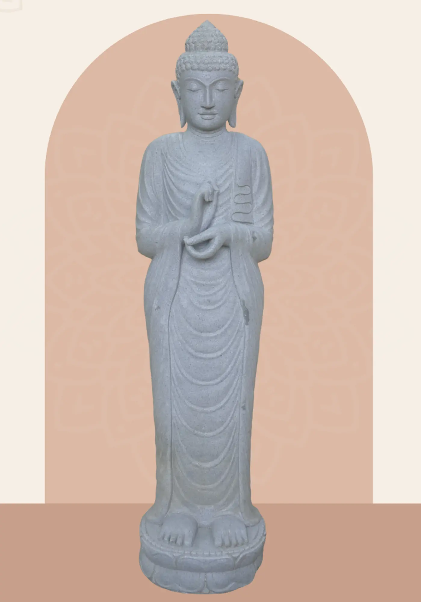  Product image 1 of the product “Standing Buddha made of Riverstone in Dharmachakra position - gesture of wheel of the teaching of Dharma. About 182cm height. ”